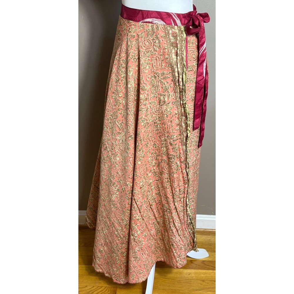 Wrap Sari Skirt Maxi Reversible Layers Red Chiffon Satin Boho Gypsy Womens 1 Sz - Picture 4 of 14